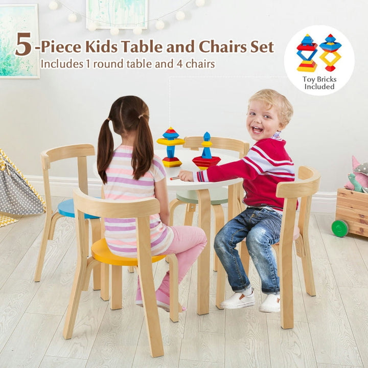 Hommoo 5-Piece Kids Wooden Curved Back Activity Table and Chair Set withToy Bricks Small Folding Table for Arts and Image 6