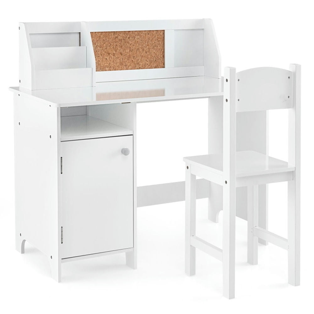 Hommoo Wooden Kids Study Desk and Chair Set with Storage Cabinet and Bulletin Board-White Small Folding Table for Arts Image 1