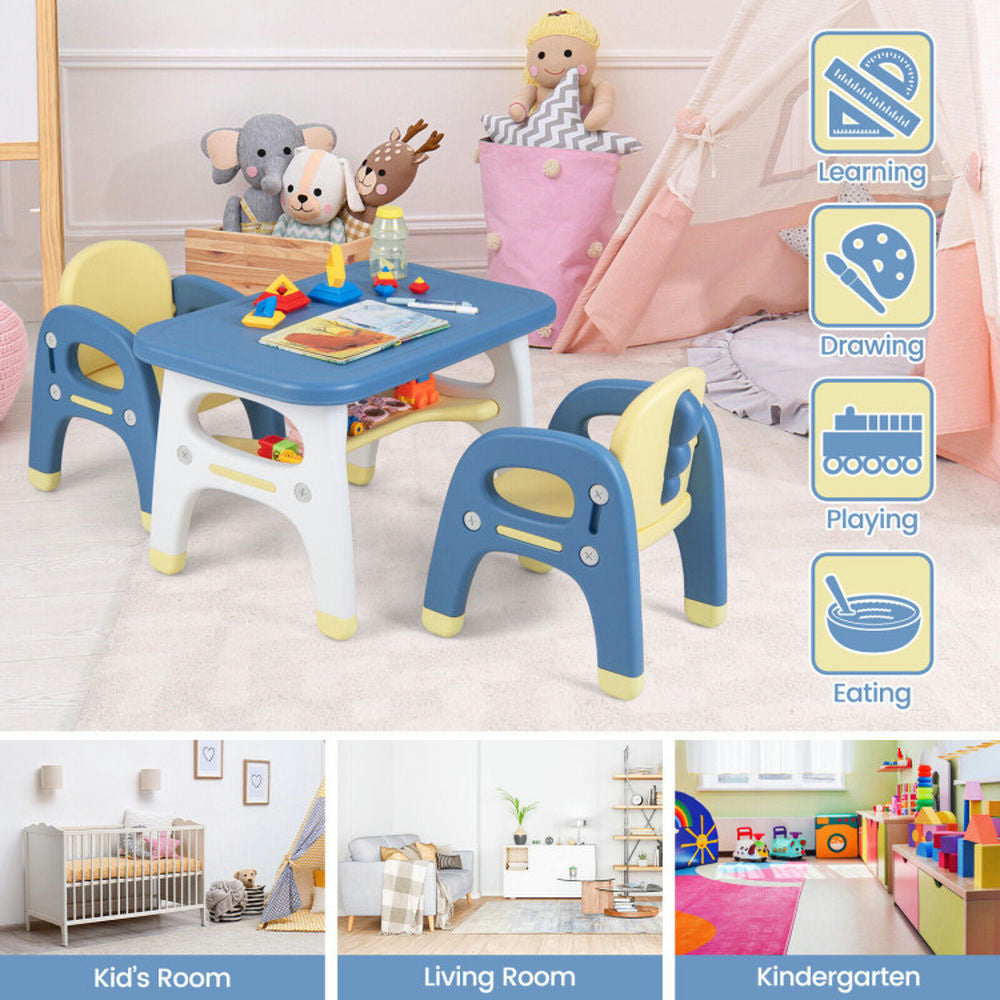 Hommoo Kids Table and 2 Chairs Set with Storage Shelf and Building Blocks-Blue Small Folding Table for Arts and Crafts Image 2