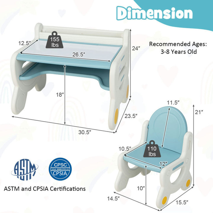 Hommoo Kids Drawing Table and Chair Set with Watercolor Pens and Blackboard Eraser-Blue Small Folding Table for Arts and Image 7
