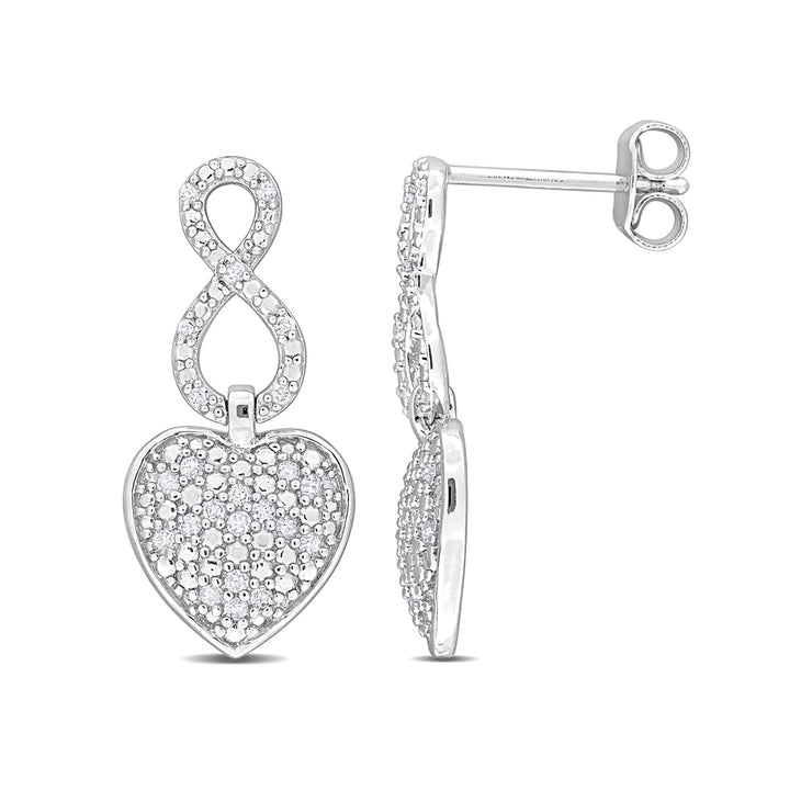 1/4 Carat (ctw) Diamond Infinity Heart Dangle Earrings in Sterling Silver Image 1