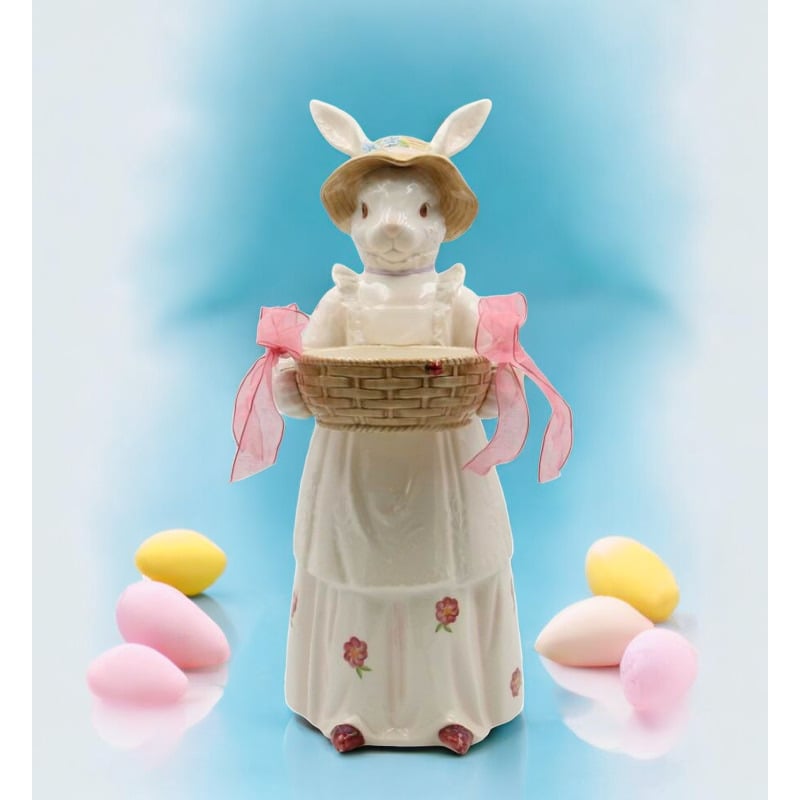 Ceramic Rosy Bunny Rabbit Holding Basket Candy Holder , Image 1