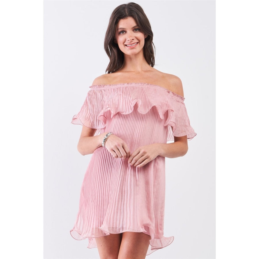 Pink Pleated Off-the-shoulder Double Layered Frill Trim Mini Dress Image 1