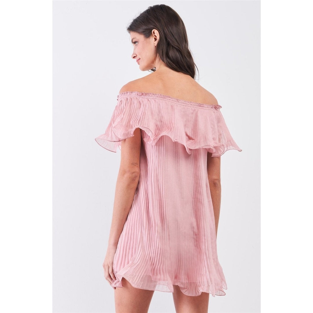 Pink Pleated Off-the-shoulder Double Layered Frill Trim Mini Dress Image 3