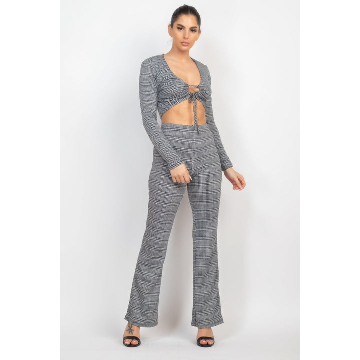 Plaid Cut-out Long Sleeve Top and Pants Set Image 1