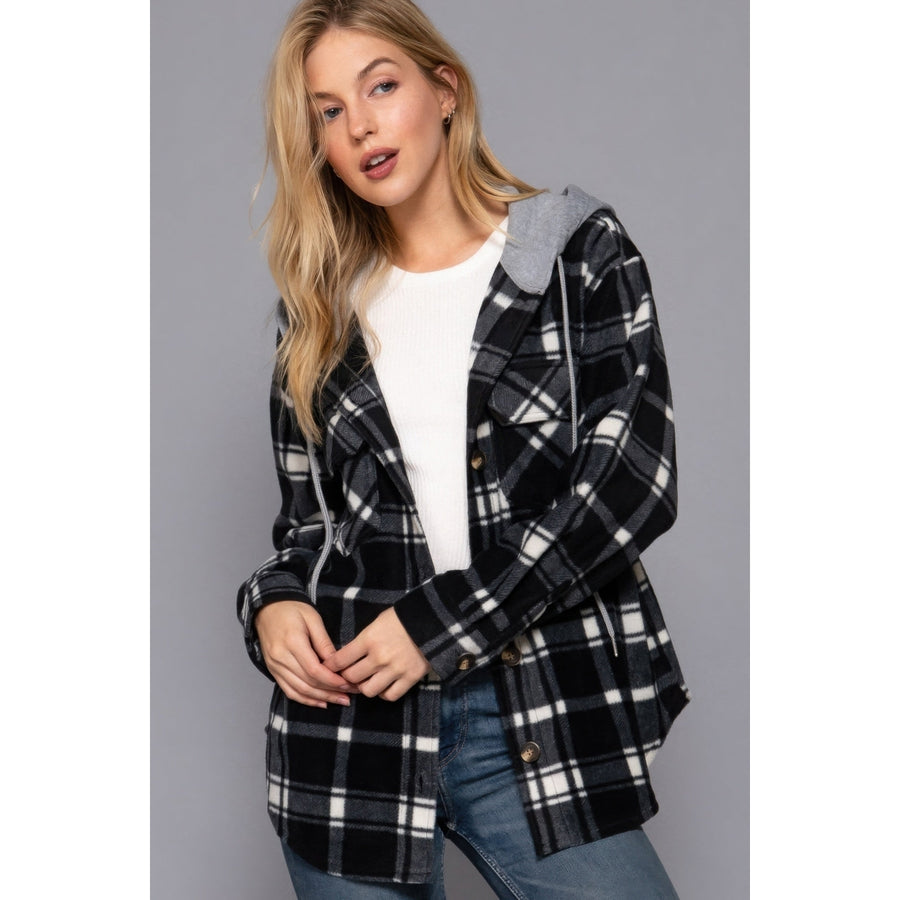 Plaid Print Hoodie Fleece Jacket Image 1