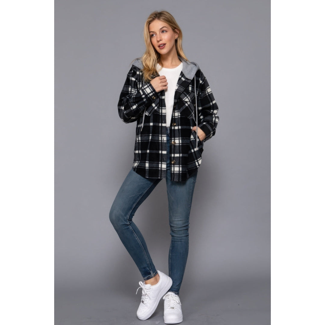 Plaid Print Hoodie Fleece Jacket Image 2