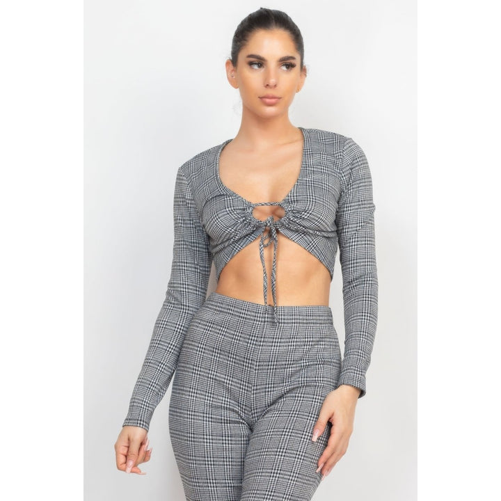 Plaid Cut-out Long Sleeve Top and Pants Set Image 2