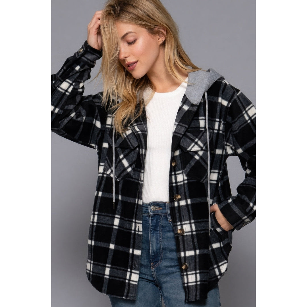 Plaid Print Hoodie Fleece Jacket Image 3