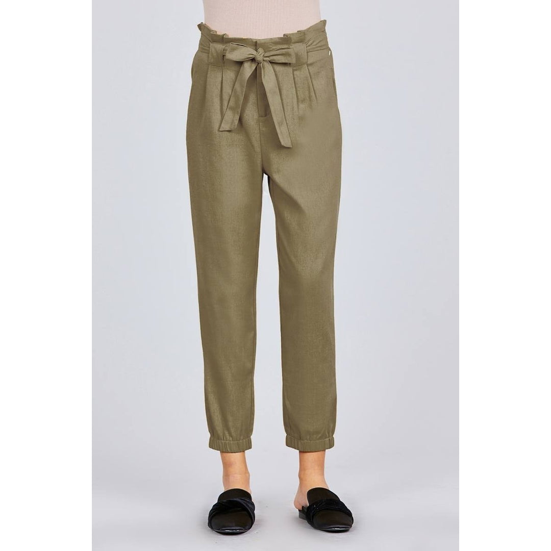 Paperbag W/bow Tie Elastic Hem Long Linen Pants Image 1