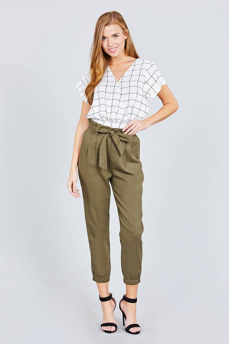 Paperbag W/bow Tie Elastic Hem Long Linen Pants Image 2