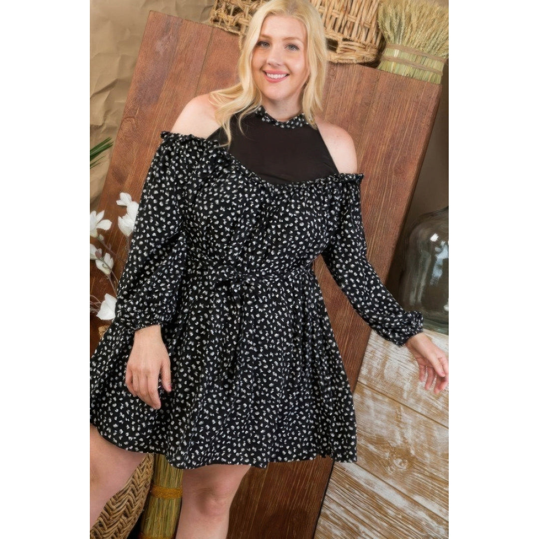 Plus Size Round Neck Contrast Mesh Cold Shoulder Ruffle Detail Back Tie Leopard Printed Dress Image 1