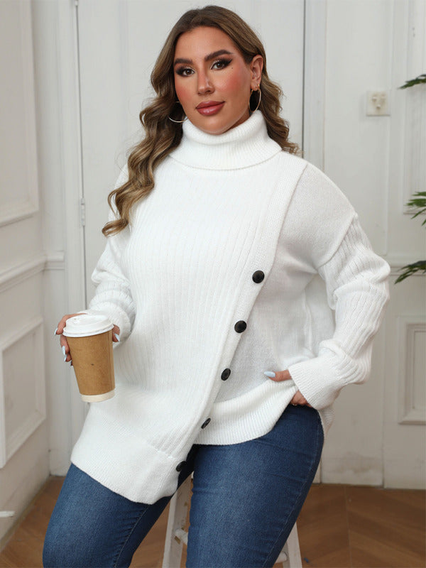 Plus Size Womens Turtleneck Irregular Knit Sweater with Button Image 3