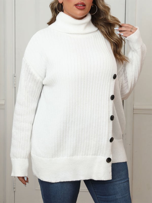 Plus Size Womens Turtleneck Irregular Knit Sweater with Button Image 4