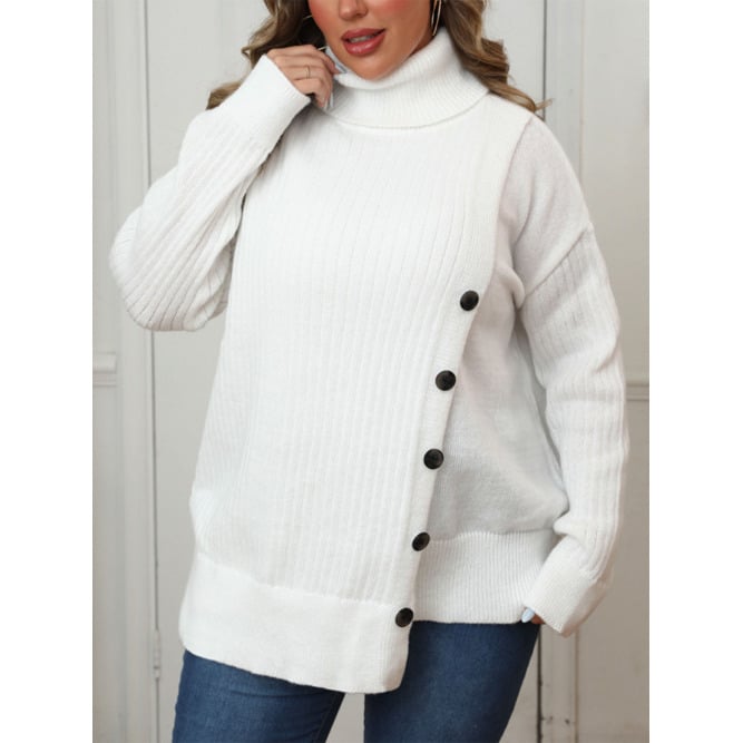 Plus Size Womens Turtleneck Irregular Knit Sweater with Button Image 4