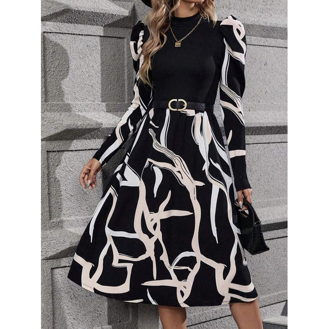 Printed Mock Neck Puff Sleeve Mini Dress Image 1