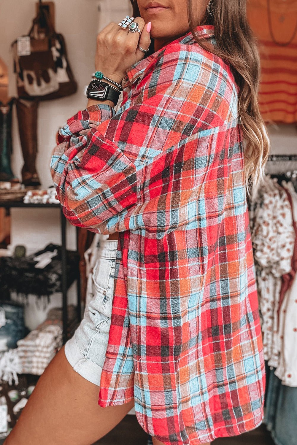 Red Plaid Print Loose Vintage Shirt Image 3