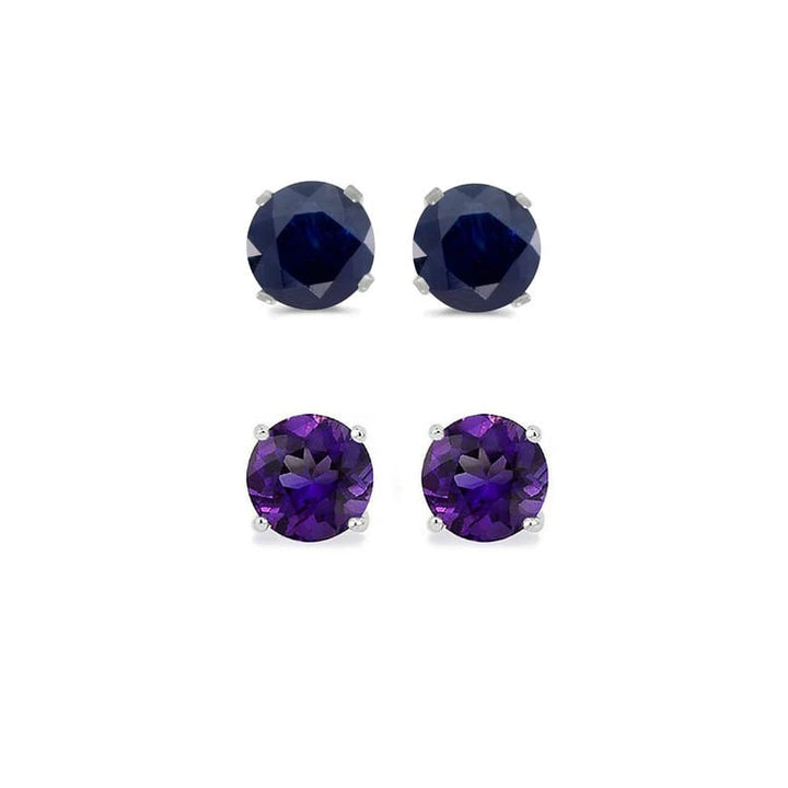 Paris Jewelry 18k White Gold 1/2Ct Created Black Sapphire and Amethyst 2 Pairs Round Stud Earrings Plated Image 1