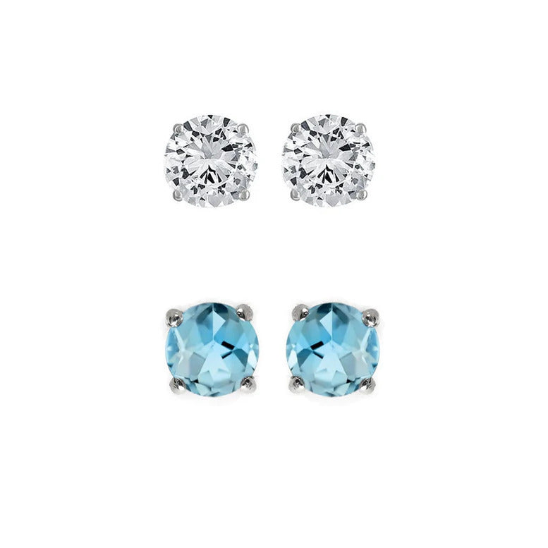 Paris Jewelry 18k White Gold 1/2Ct Created White Sapphire and Blue Topaz 2 Pairs Round Stud Earrings Plated Image 1