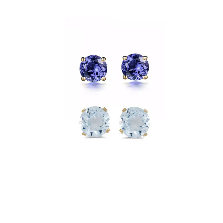 Paris Jewelry 18k Yellow Gold 1Ct Created Tanzanite and Aquamarine 2 Pairs Round Stud Earrings Plated Image 1