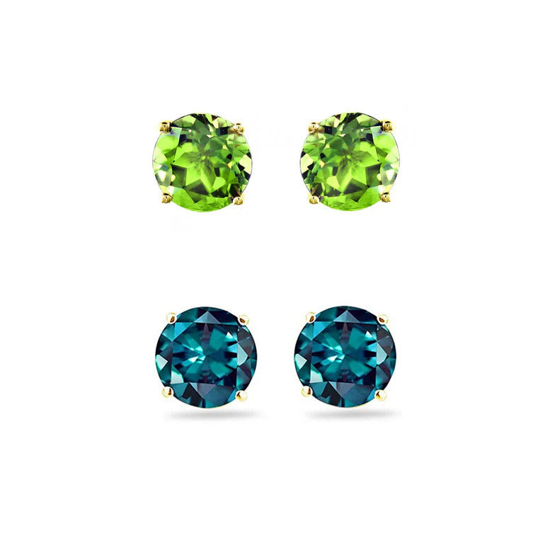 Paris Jewelry 18k Yellow Gold 1Ct Created Peridot and Alexandrite 2 Pairs Round Stud Earrings Plated Image 1