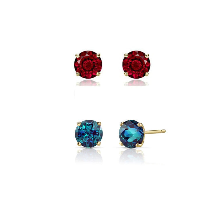 Paris Jewelry 18k Yellow Gold 1Ct Created Garnet and Alexandrite 2 Pairs Round Stud Earrings Plated Image 1