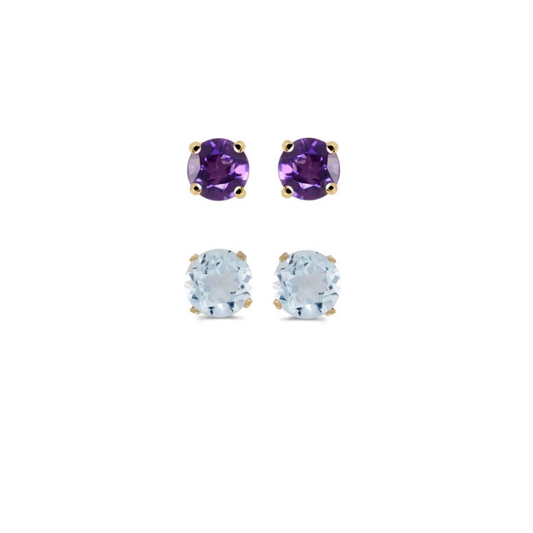 Paris Jewelry 18k Yellow Gold 1Ct Created Amethyst and Aquamarine 2 Pairs Round Stud Earrings Plated Image 1