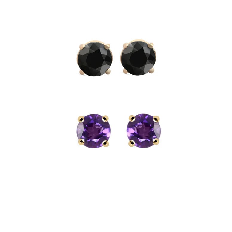 Paris Jewelry 18k Yellow Gold 1Ct Created Black Sapphire and Amethyst 2 Pairs Round Stud Earrings Plated Image 1