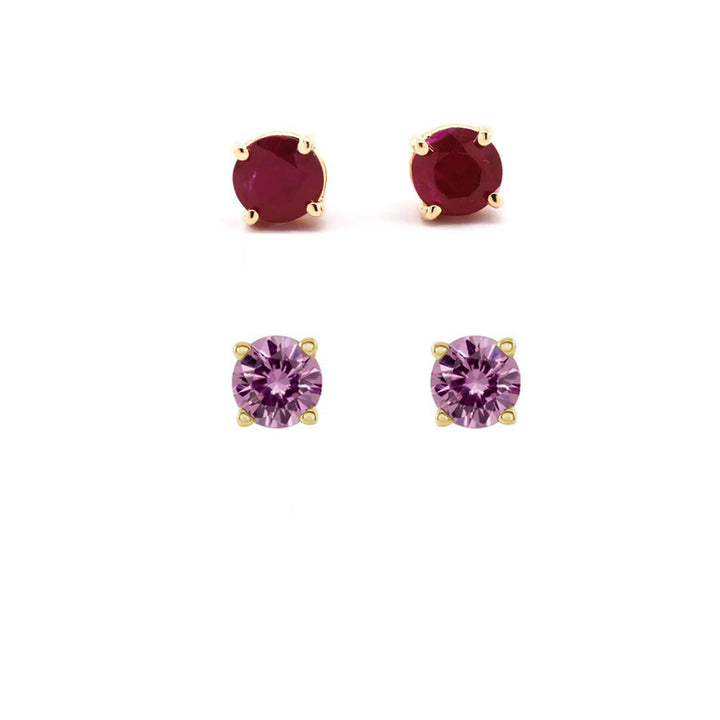 Paris Jewelry 18k Yellow Gold 1Ct Created Ruby and Pink Sapphire 2 Pairs Round Stud Earrings Plated Image 1