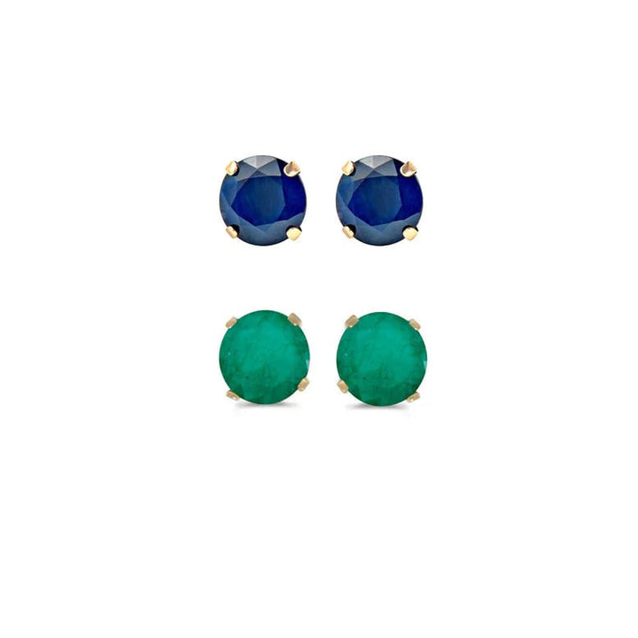 Paris Jewelry 18k Yellow Gold 1Ct Created Blue Sapphire and Emerald 2 Pairs Round Stud Earrings Plated Image 1