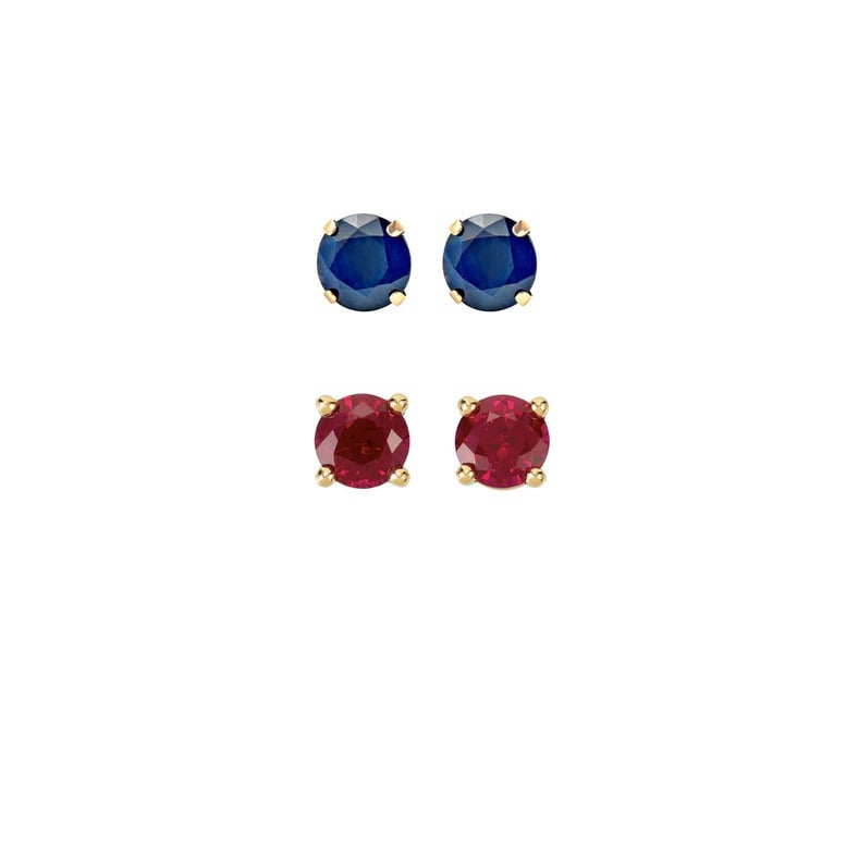 Paris Jewelry 18k Yellow Gold 1Ct Created Blue Sapphire and Ruby 2 Pairs Round Stud Earrings Plated Image 1