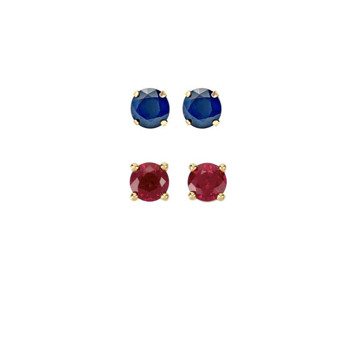 Paris Jewelry 18k Yellow Gold 1Ct Created Blue Sapphire and Ruby 2 Pairs Round Stud Earrings Plated Image 1