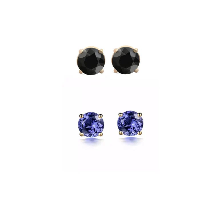 Paris Jewelry 18k Yellow Gold 1Ct Created Black Sapphire and Tanzanite 2 Pairs Round Stud Earrings Plated Image 1