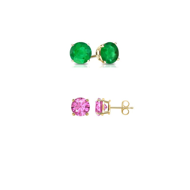 Paris Jewelry 18k Yellow Gold 1Ct Created Emerald and Pink Sapphire 2 Pairs Round Stud Earrings Plated Image 1