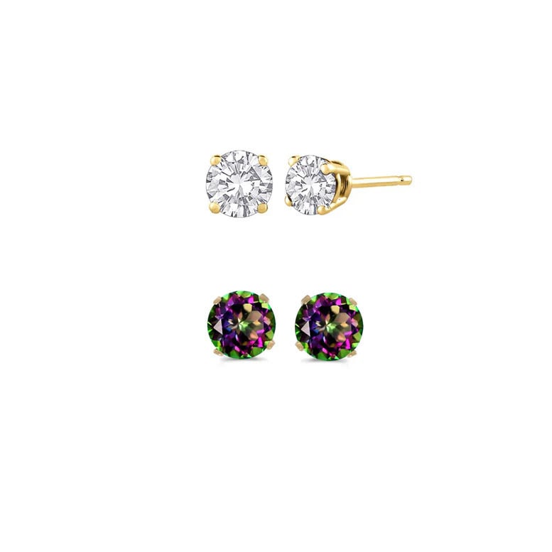 Paris Jewelry 18k Yellow Gold 1Ct Created White Sapphire and Mystic Topaz 2 Pairs Round Stud Earrings Plated Image 1