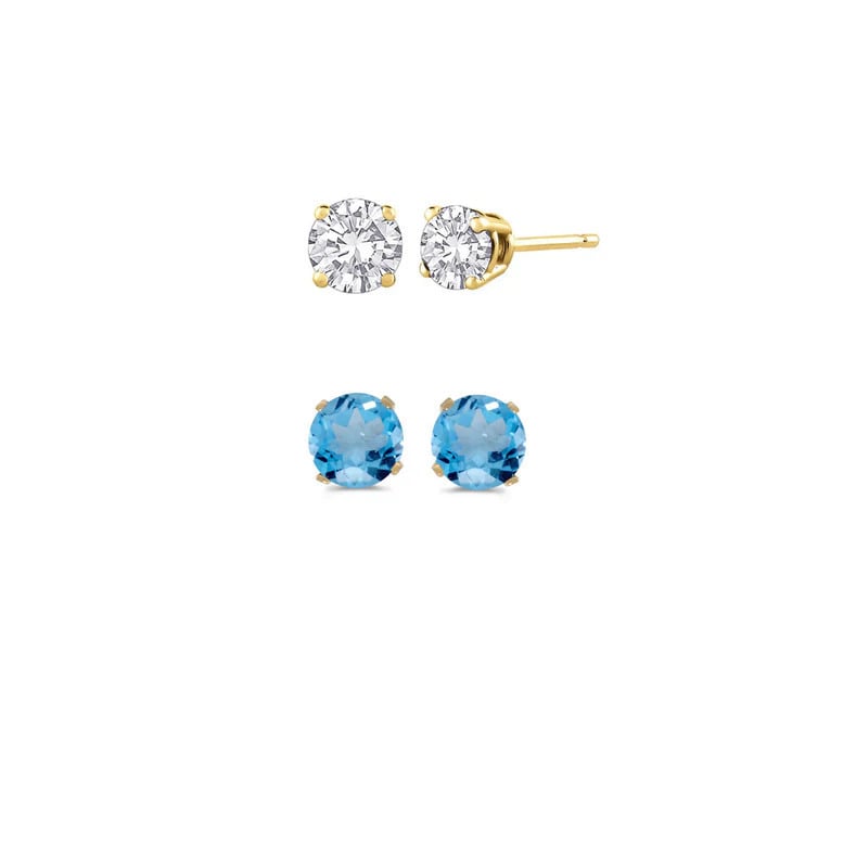 Paris Jewelry 18k Yellow Gold 1Ct Created White Sapphire and Blue Topaz 2 Pairs Round Stud Earrings Plated Image 1