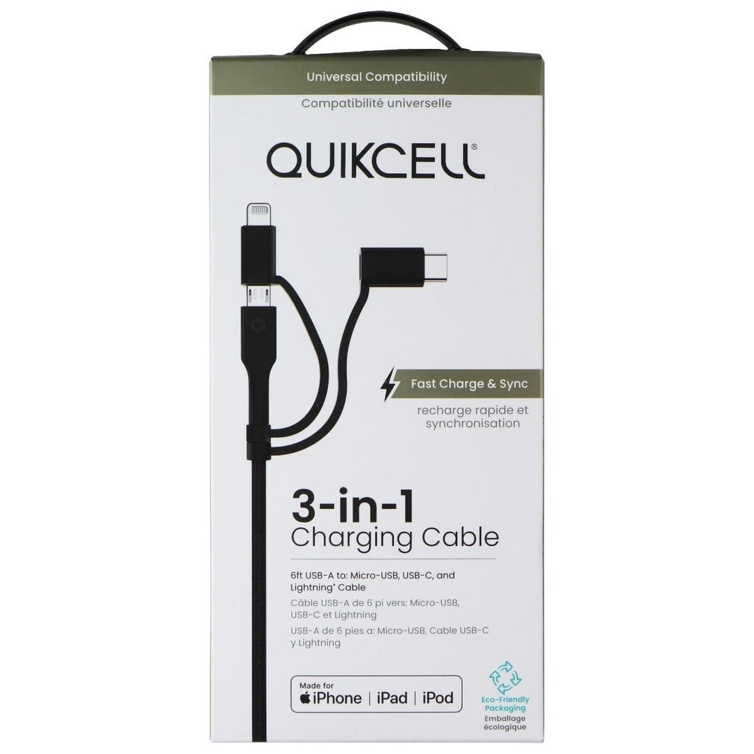 Quikcell 6FT USB-A to Micro USB USB-C and Lightning 8-Pin Charging Cable - Black Image 1