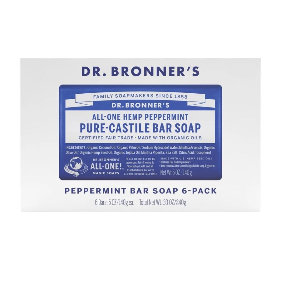 Dr Bronners Pure Castille Peppermint Bar Soap 5 Ounce (Pack of 6) Image 1