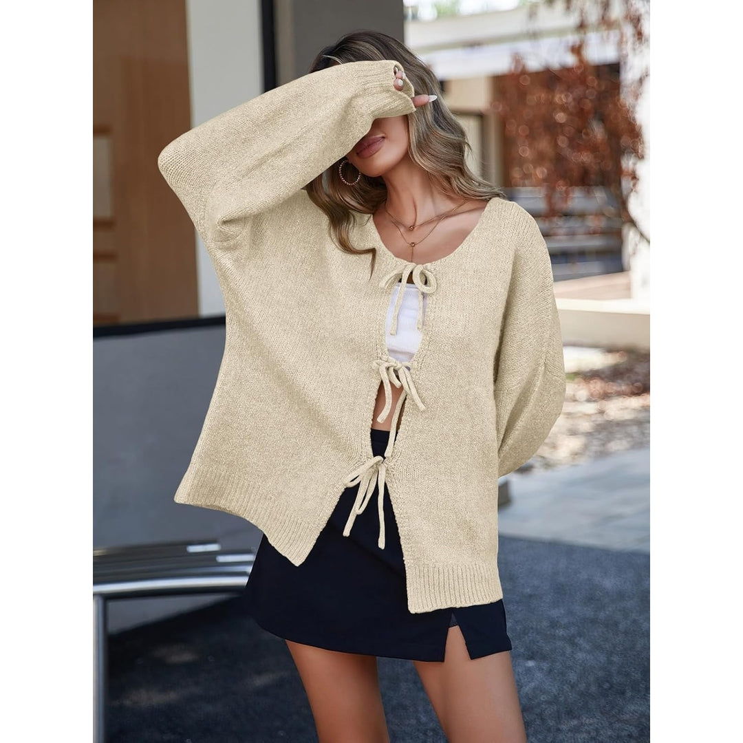 Womens Tie Front Cardigan Sweaters Cute Bow Puff Long Sleeve 2024 Fall Loose Ribbed Knit Trendy Sweater Tops Image 8