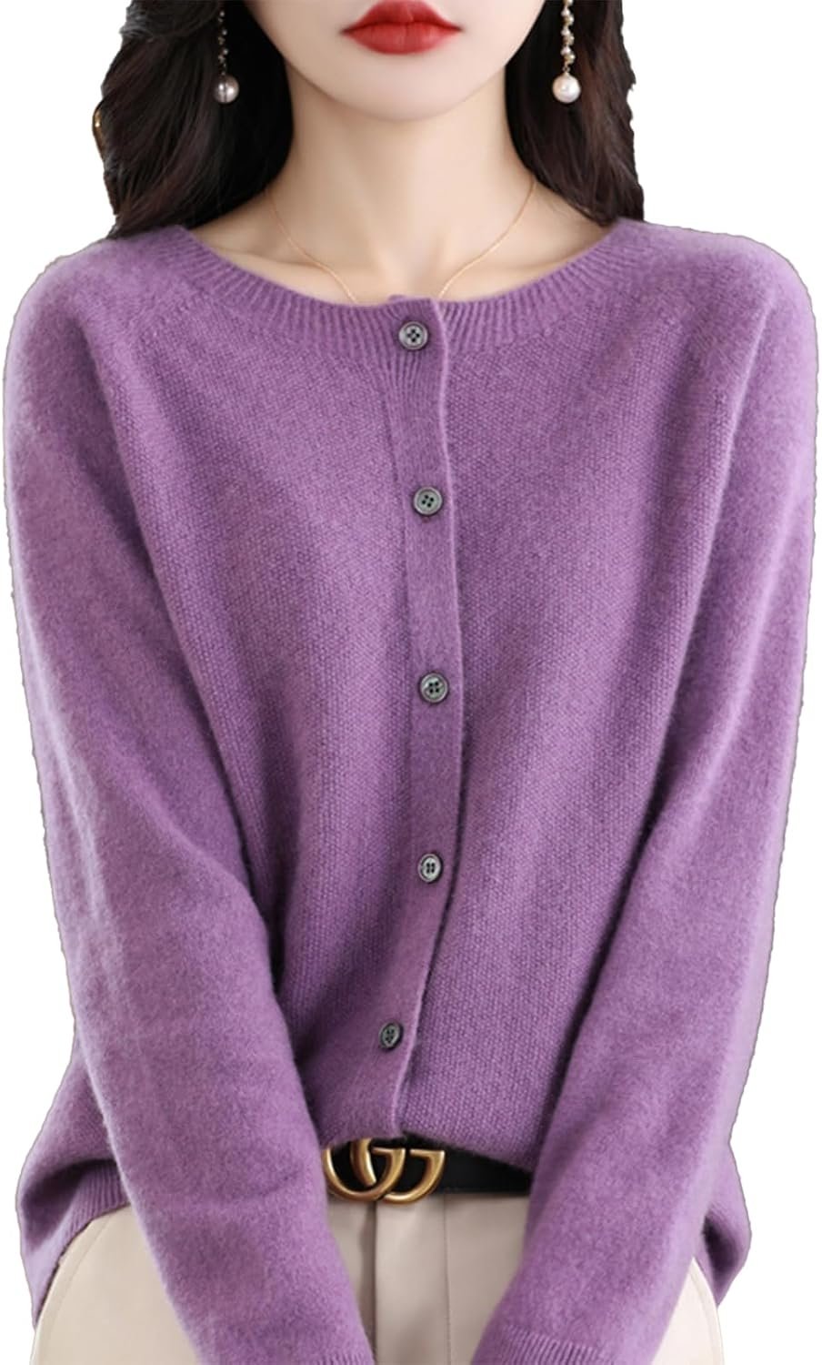 Cashmere Cardigan Sweaters for Women 100% Cashmere Crew Neck Long Sleeve Soft Cardigans Sweater Image 12