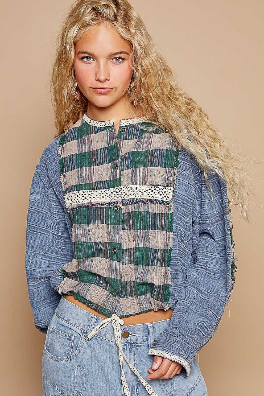 Round Neck Long Sleeve Plaid Shirt Image 1