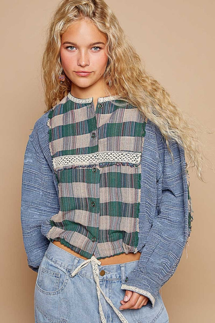 Round Neck Long Sleeve Plaid Shirt Image 1