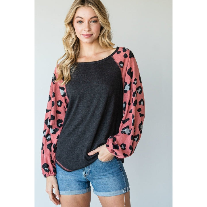 Round Neckline And Animal Print Color Block Top Image 1