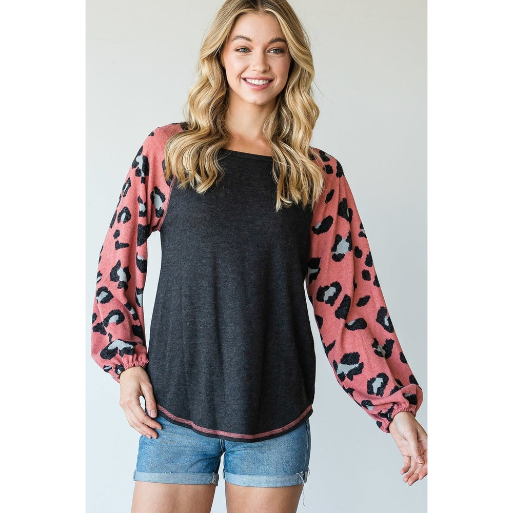 Round Neckline And Animal Print Color Block Top Image 2