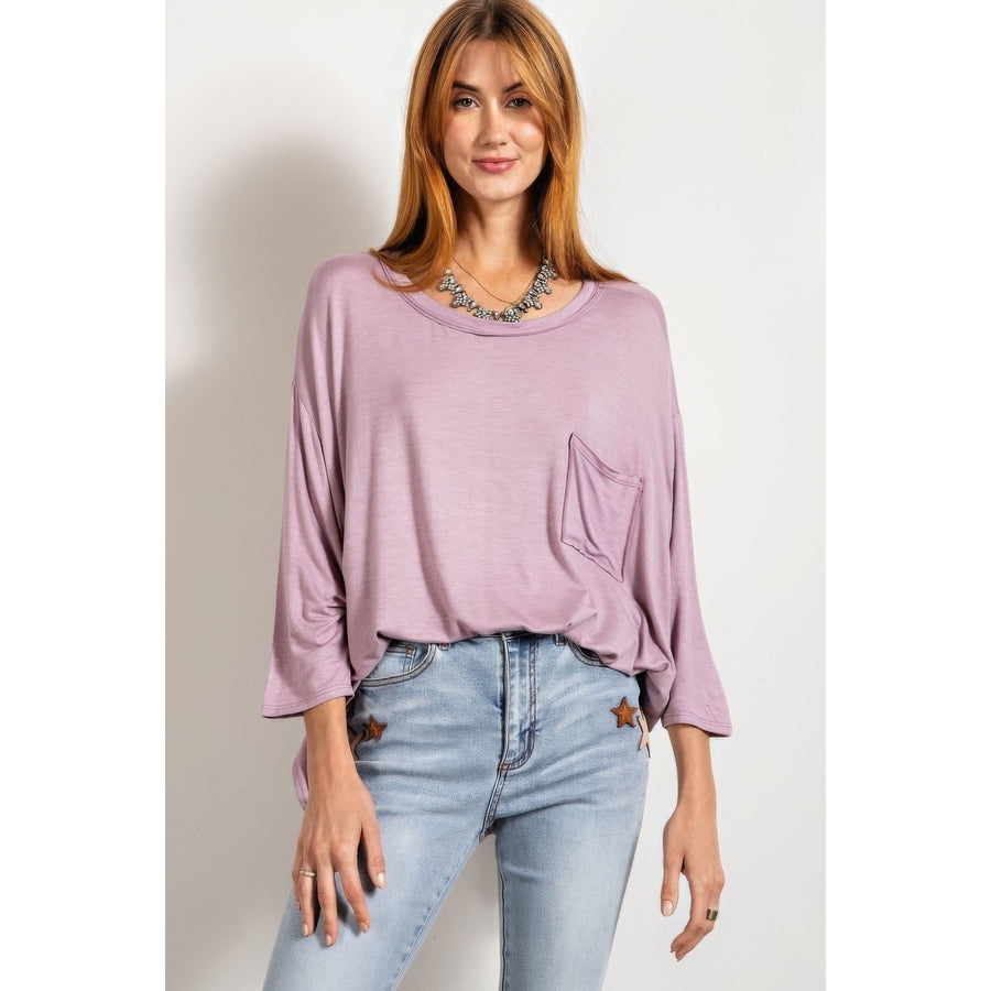 Rounded Neckline 3/4 Sleeves Washed Top Image 1