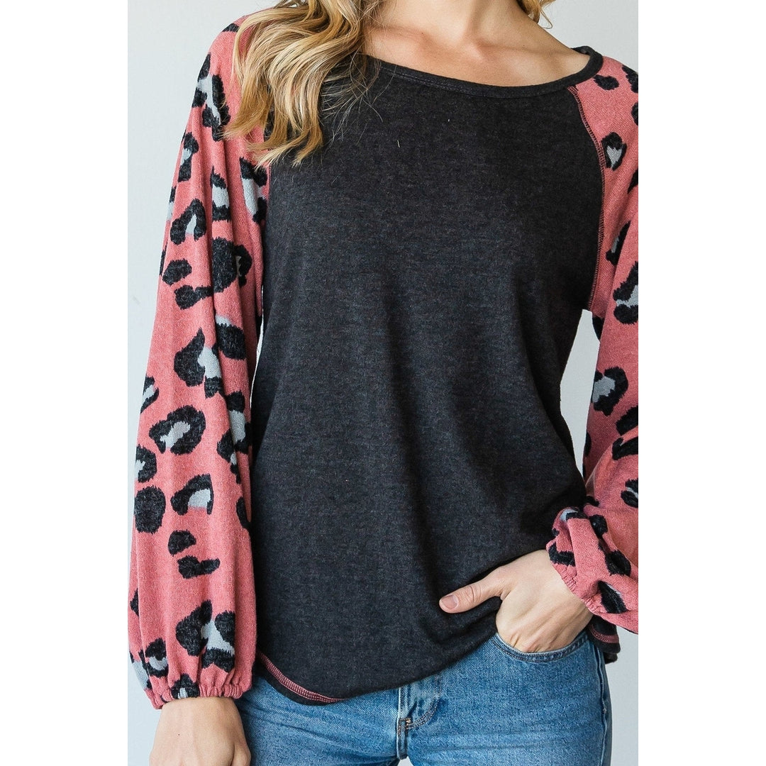 Round Neckline And Animal Print Color Block Top Image 3