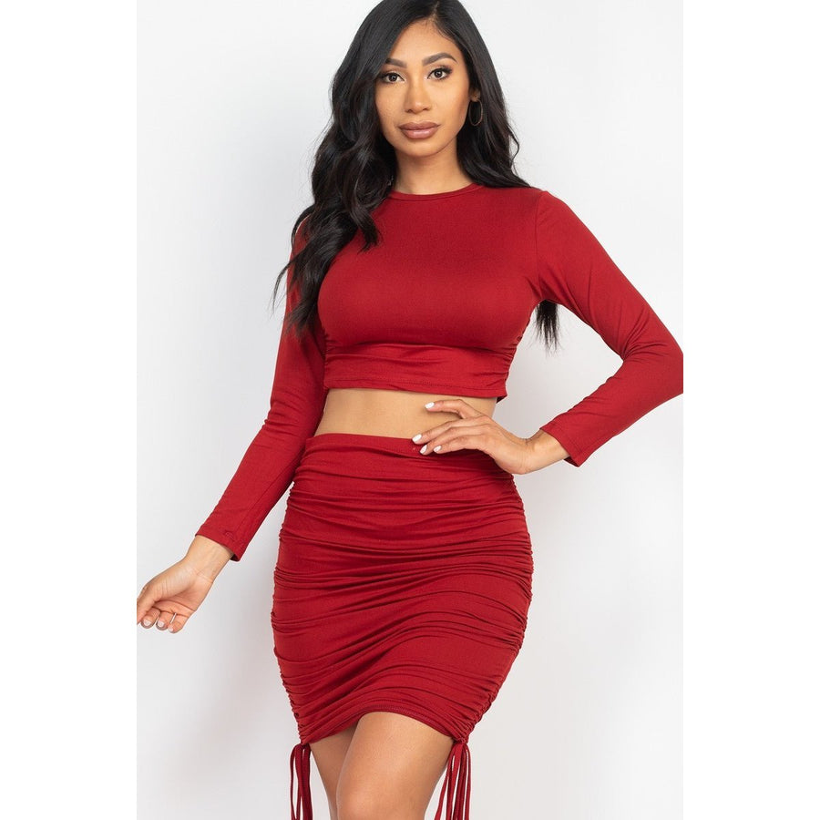 Ruched Side Crop Top and Drawstring Skirt Set Image 1