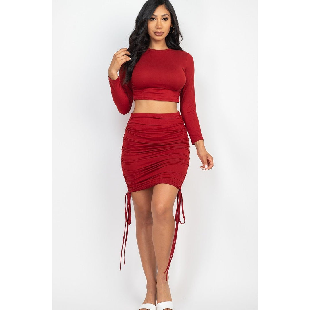 Ruched Side Crop Top and Drawstring Skirt Set Image 2