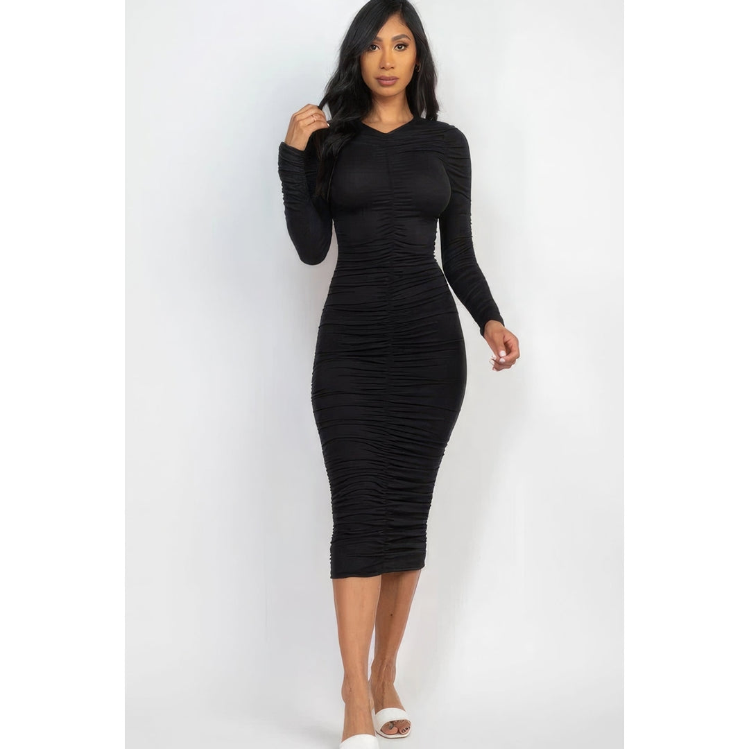 Ruched Long Sleeve Midi Dress Image 2