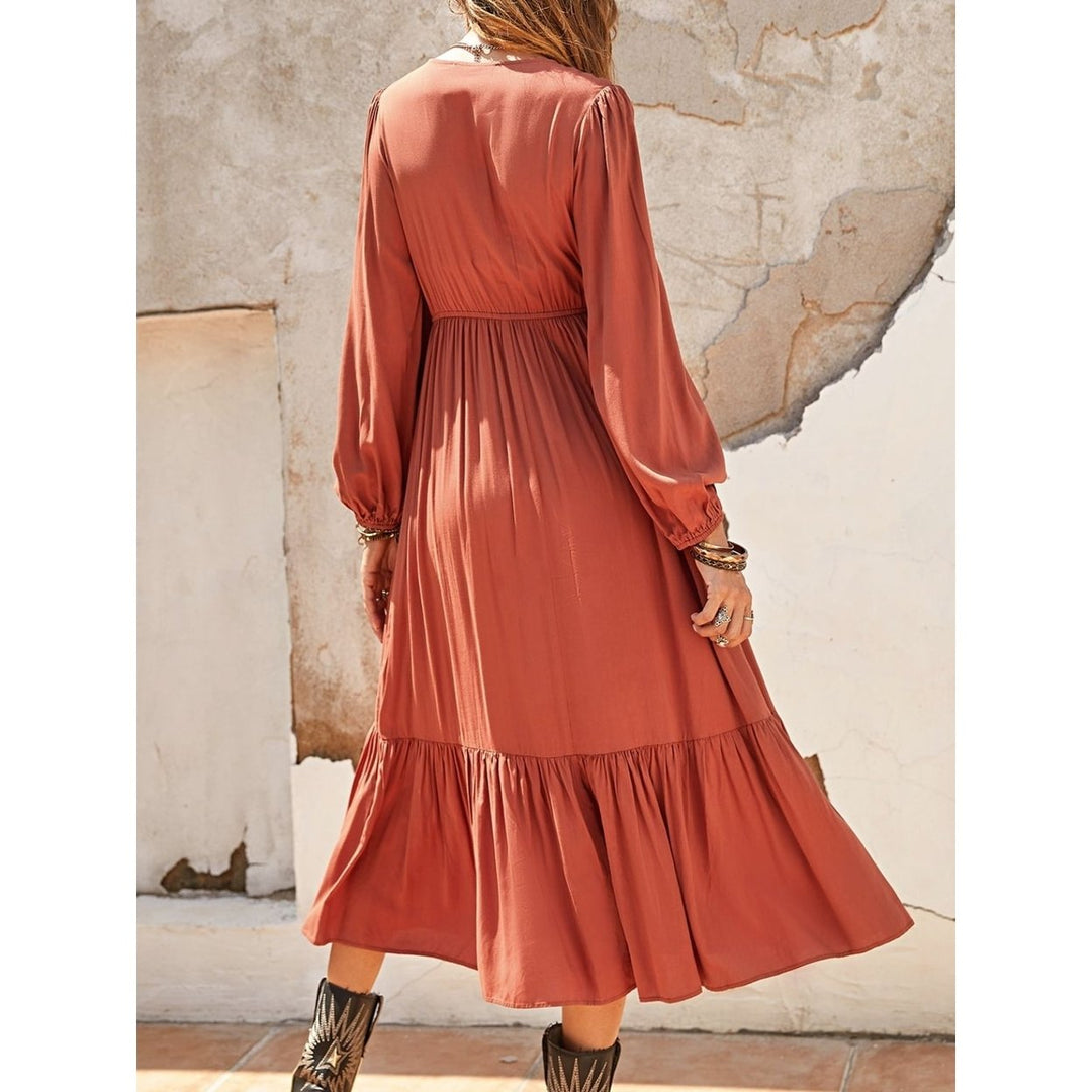 Ruched V-Neck Long Sleeve Midi Dress Image 1